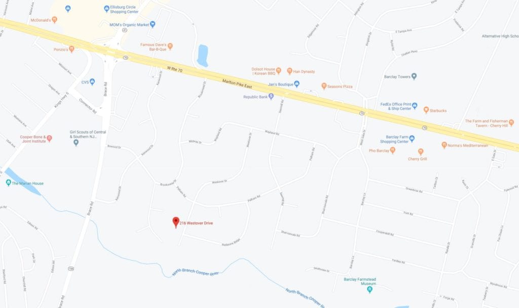 Map location of 216 Westover Drive Cherry Hill, NJ 08034