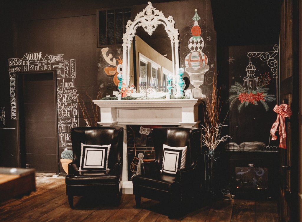 Office with fireplace mantle