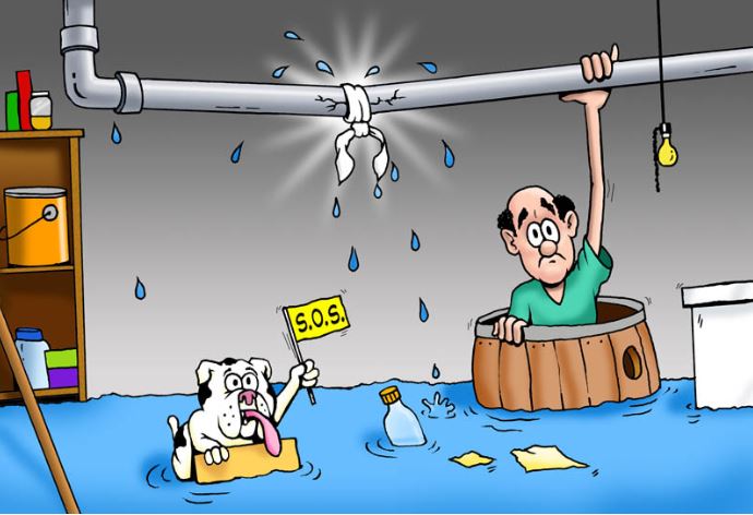 A cartoon of a man and dog in a flooded basement