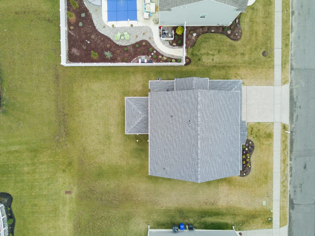 Aerial view of the home and yard