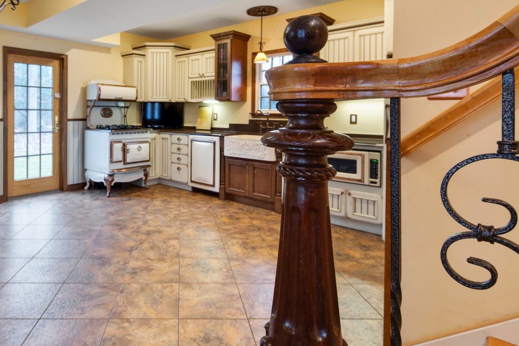A view of the kitchen from the stairs.