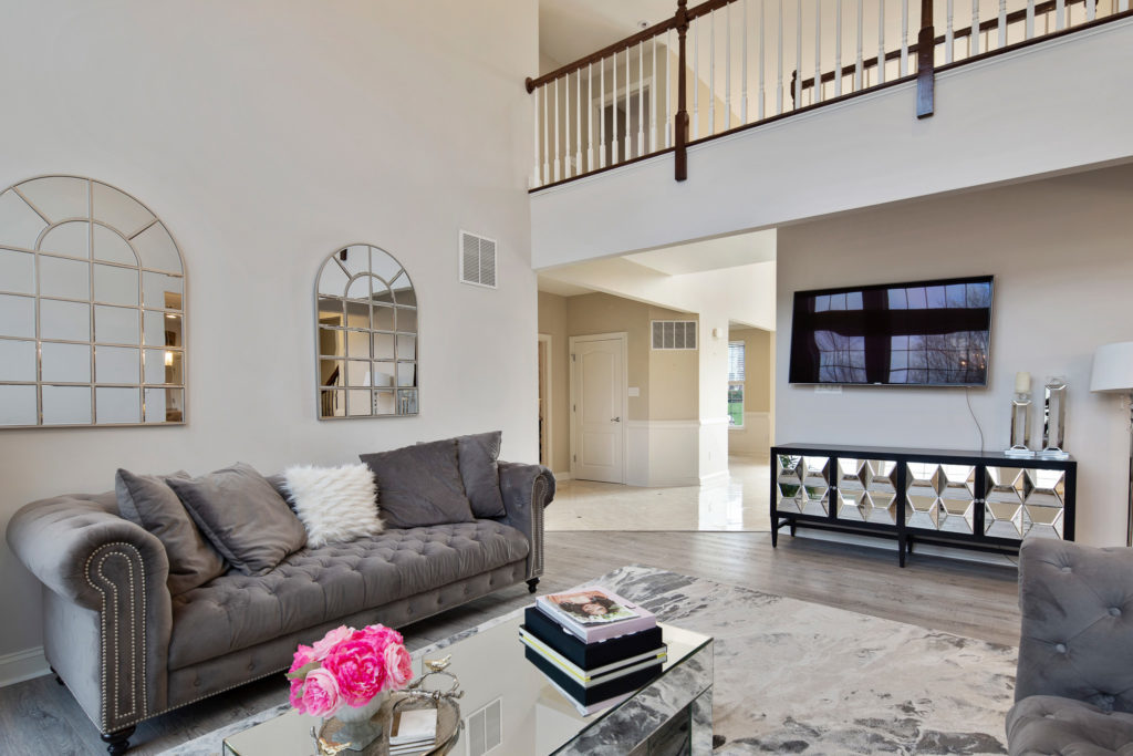 Family room showing balcony catwalk.