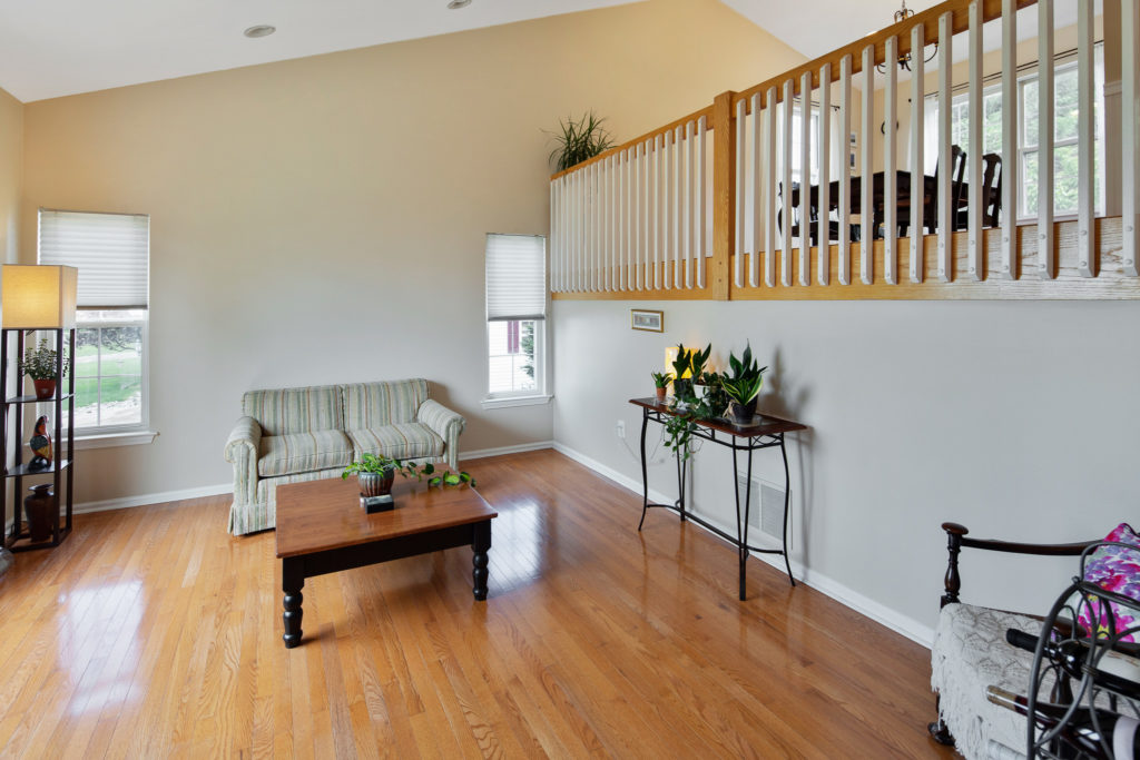 Living room has vaulted ceilings