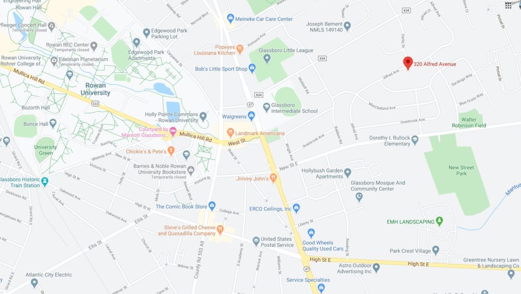 Detailed map location of 320 Alfred Avenue Glassboro NJ 08028