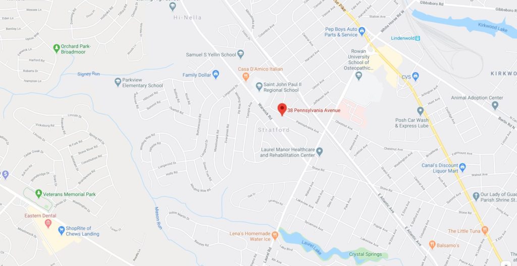 Detailed map location of 38 Pennsylvania Avenue Stratford NJ 08084
