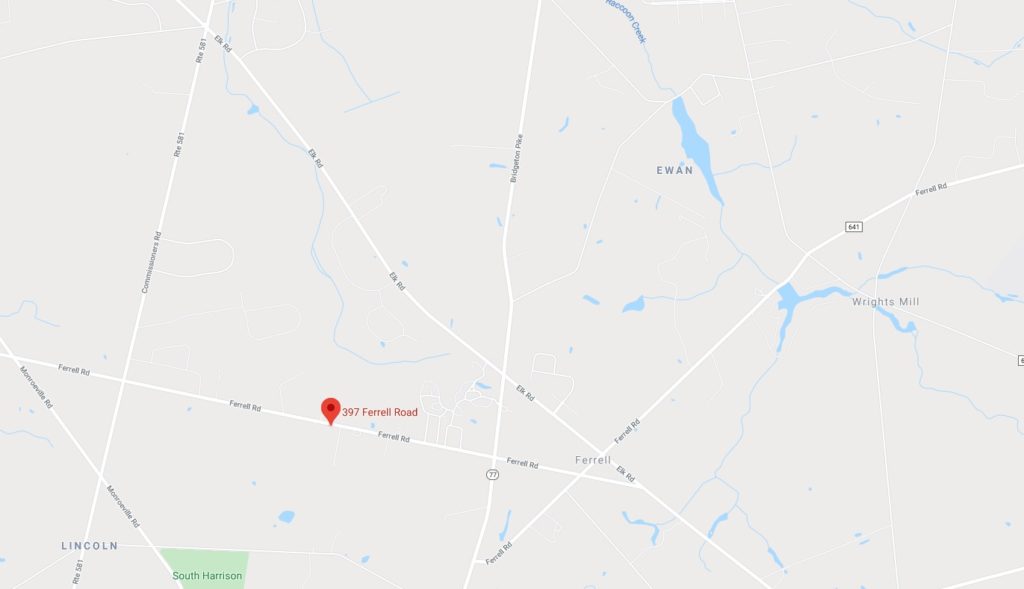 Map location of 397 Ferrell Road Mullica HIll zoomed in